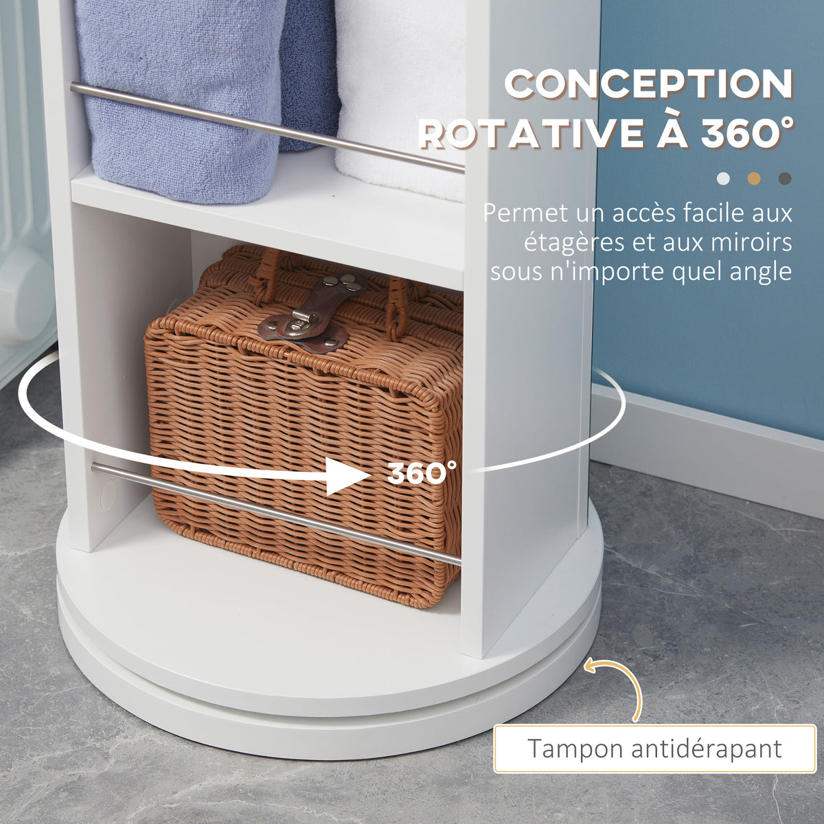 Meuble colonne de salle de bain pivotant avec miroir 6 étagères 36 x 36 x 171 cm blanc