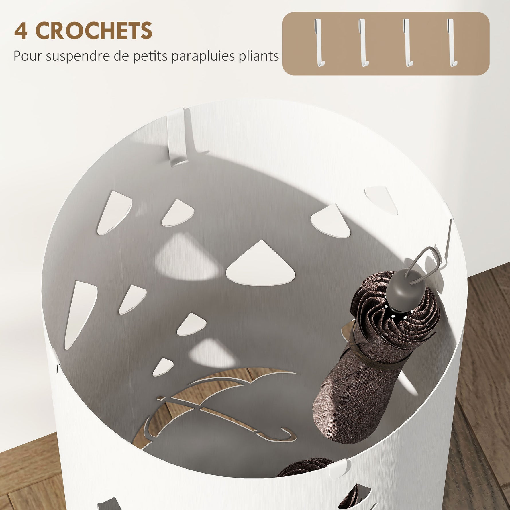 Porte parapluie cylindrique support pour parapluies bac d'égouttement amovible et 4 crochets, Ø 17 x 41 cm, blanc