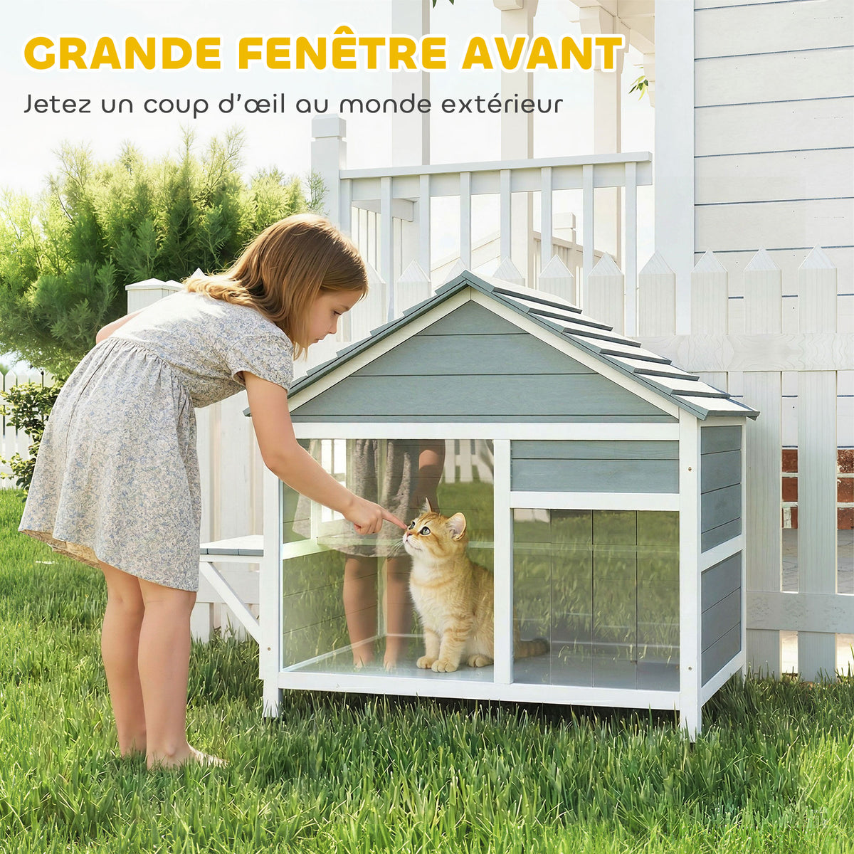 Maison pour Chat Extérieur Toit Ouvrant Fenêtre Panoramique Porte à Lamelles et Plateforme de Repos 101x72,5x81cm Gris