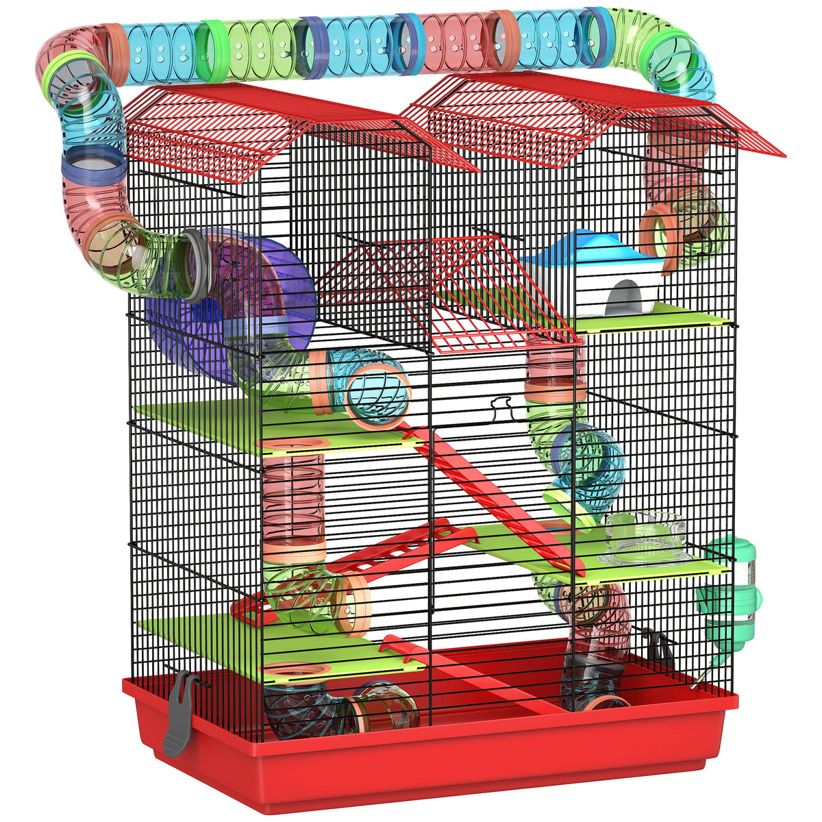 Cage pour hamster souris petit animaux rongeur avec tunnel mangeoire roue jouet 47 x 30 x 59 cm rouge