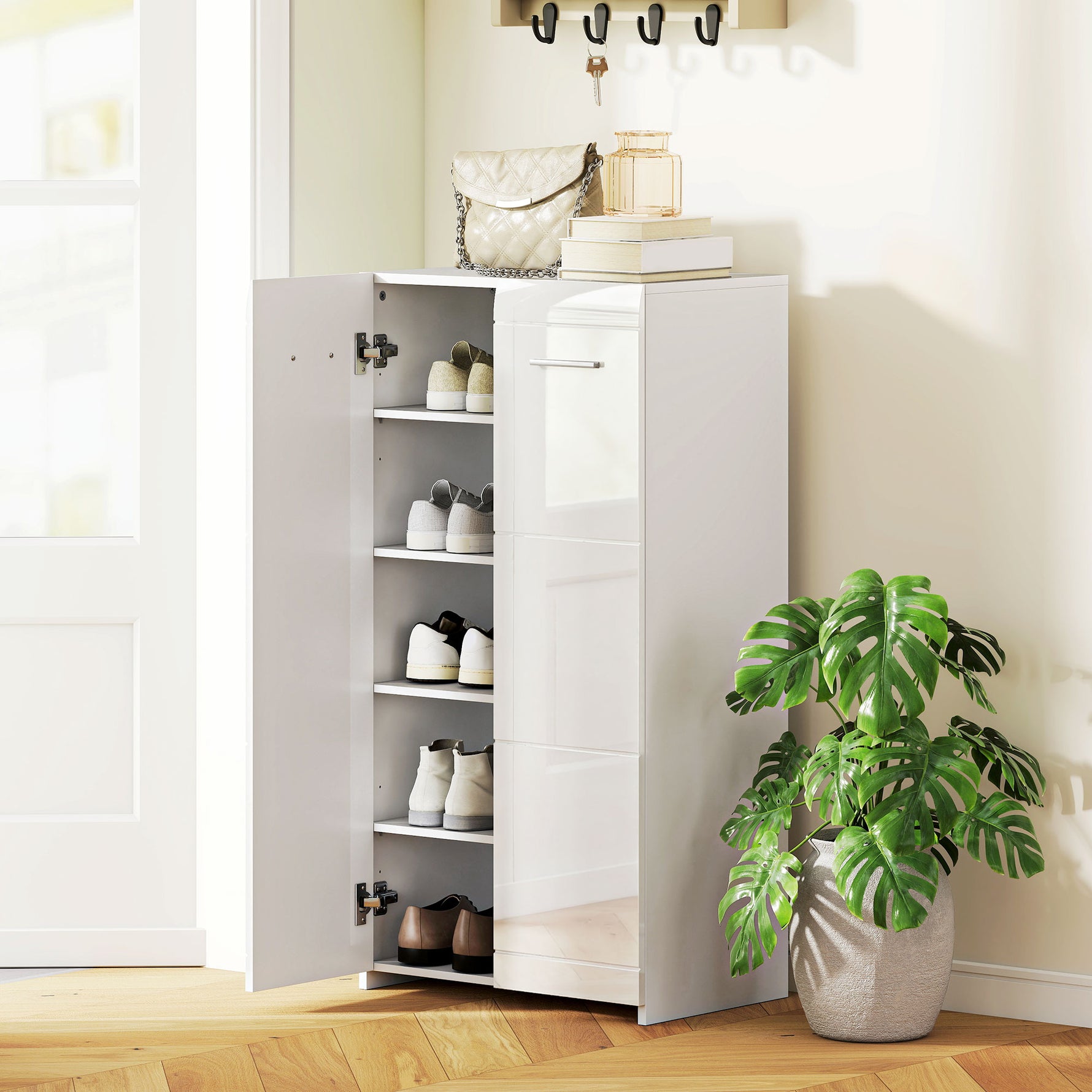 Meuble à chaussures 10 paires, armoire à chaussures à haute brillance 5 niveaux, étagères réglables, 55x36x108cm, blanc