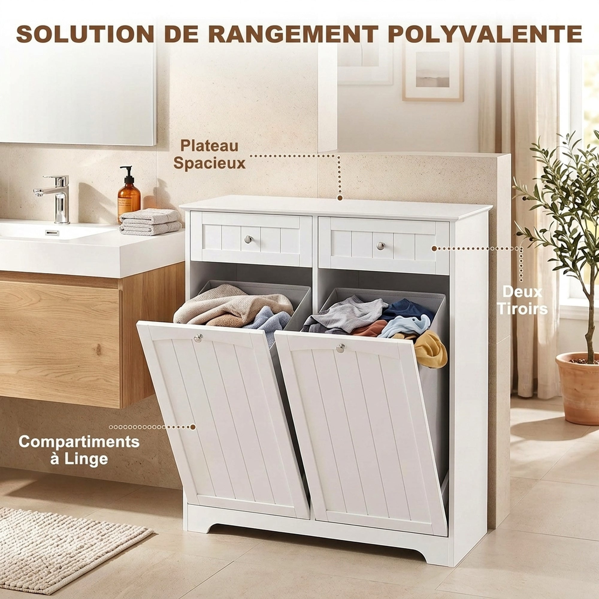 Meuble de Salle de Bain Moderne, 2 Tiroirs, 2 Paniers à Linge, Sacs Amovibles avec Poignées, 78 x 38 x 90 cm, Blanc