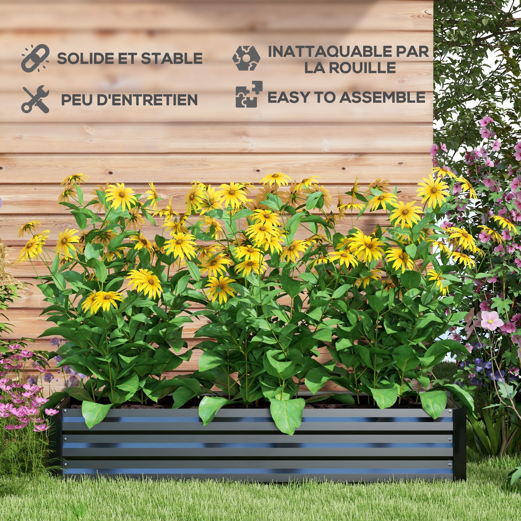 Jardinière rectangulaire potager de jardin bac à fleurs en acier avec bordure de sécurité et fond ouvert noir