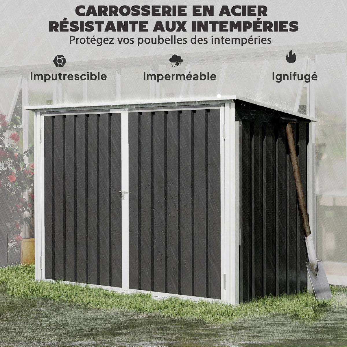 Cache Poubelle Double Abri de Jardin 2 Poubelles de 240L Couvercle Lié par Chaînes Vérins à Gaz 179,5x108x129,5cm Gris