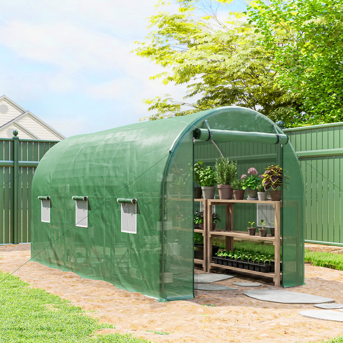 Serre de Jardin Tunnel 8 m² 4L x 2l x 1,9H m Acier galvanisé renforcé diamètre 2,4 cm + PE fenêtres Porte Vert