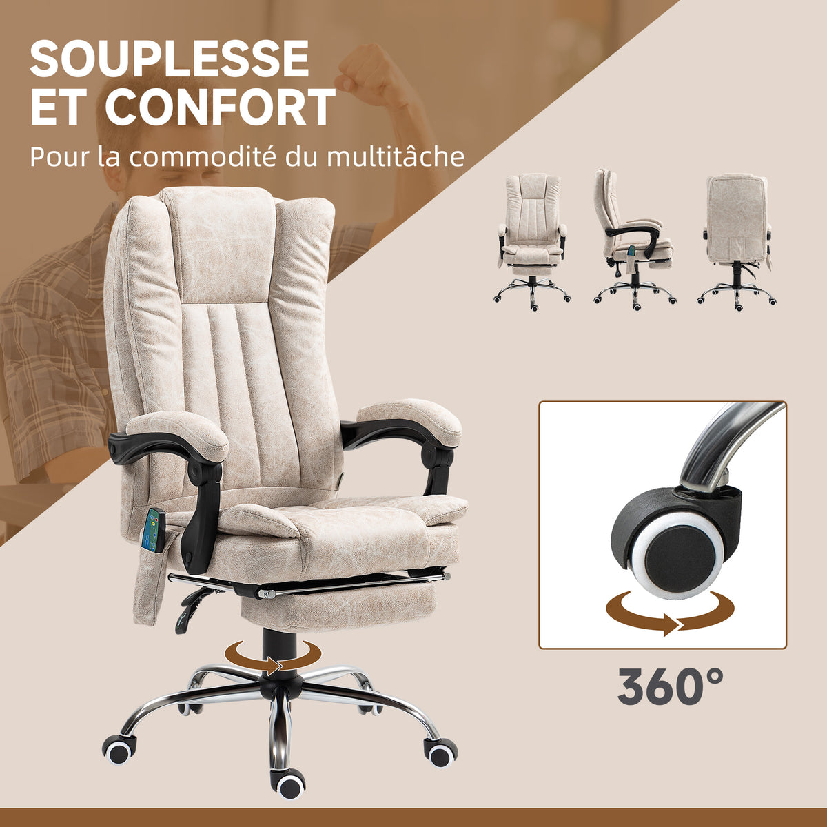 Fauteuil de bureau massant et chauffant avec hauteur réglable, dossier inclinable, repose-pied et télécommande, crème