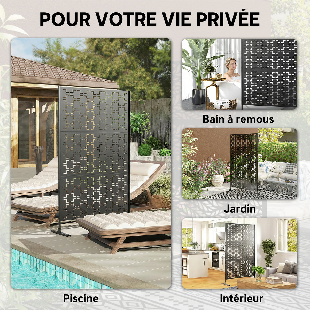 Panneau brise vue décoratif paravent extérieur à motif géométrique ajouré en métal - 122 x 45 x 198 cm, noir