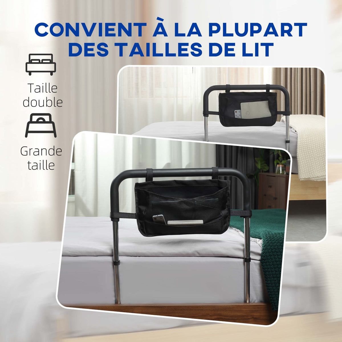 Barra de apoyo para cama, barrera segura, protector, asa ajustable en 5 alturas, bolsillo de almacenamiento, 87Lx51.5Ax45-55H cm