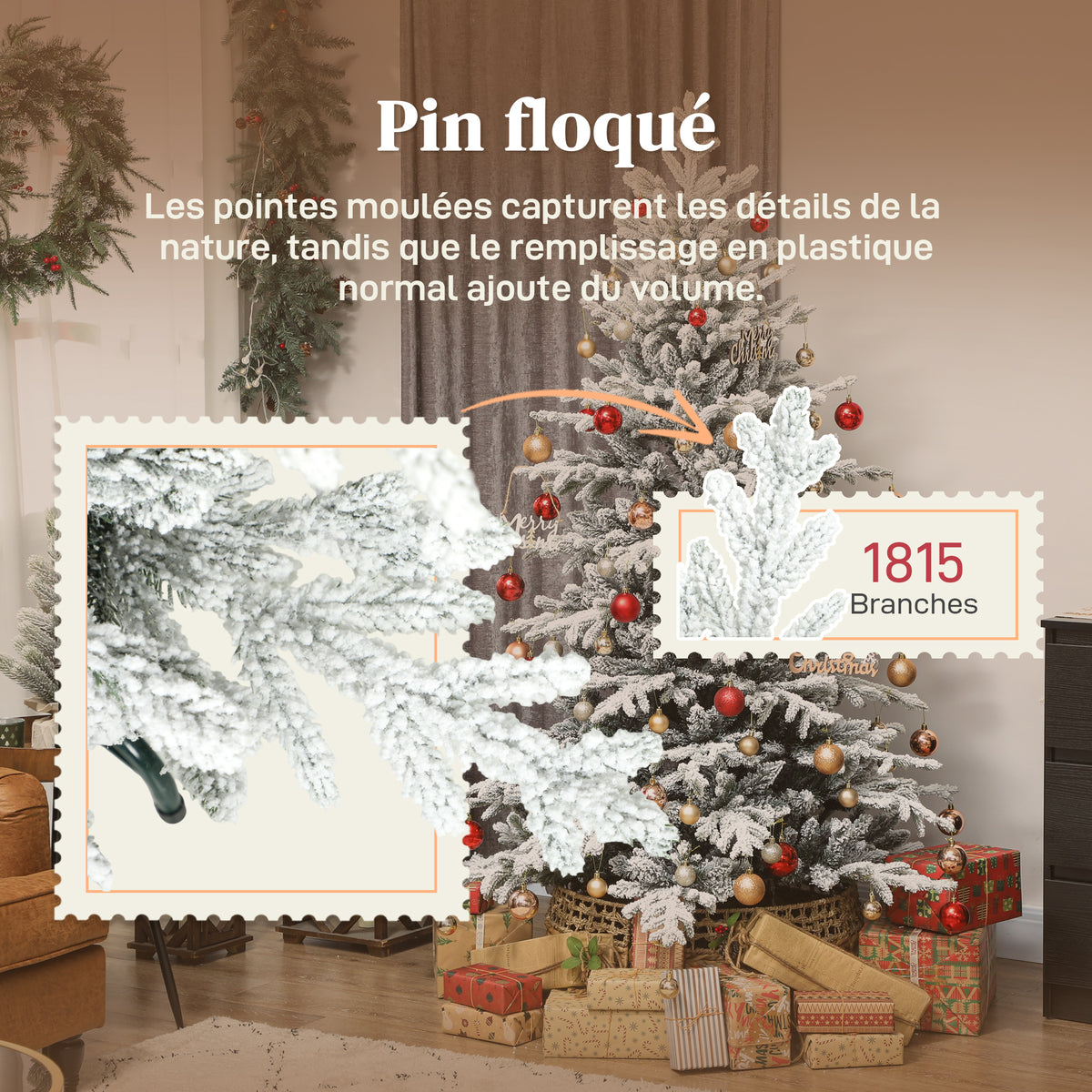 Sapin de Noël artificiel floqué de neige 180 cm, arbre de Noël avec 1815 branche, support en métal pliable, vert