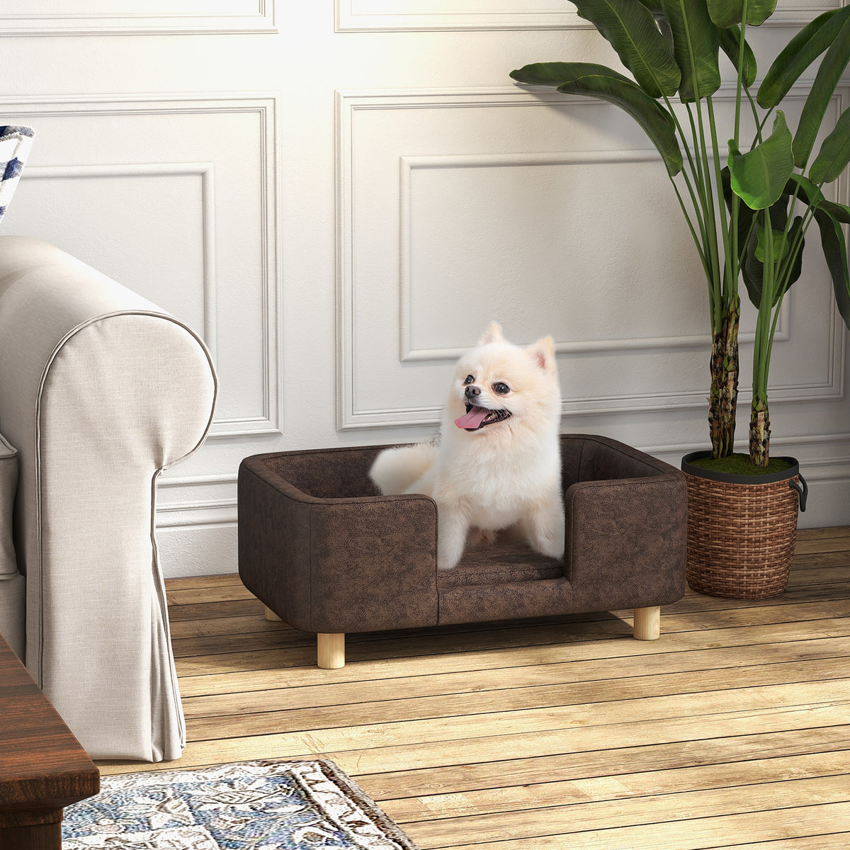 Dog sofa, dog and cat bed with rim, plush cushion, solid wood legs, dim. 74 x 48.5 x 31 cm, chocolate microfiber upholstery