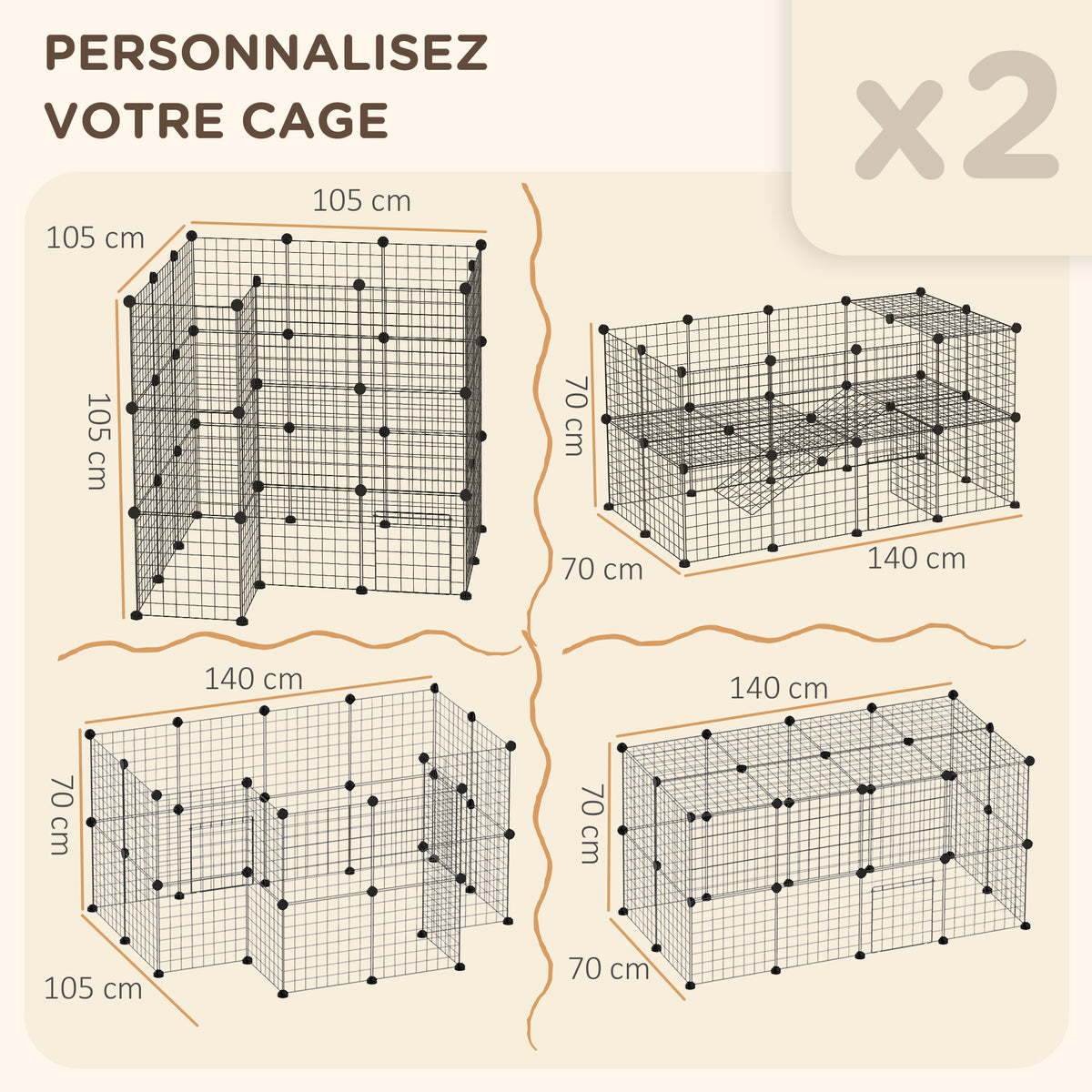 Cage parc clôture pour animaux domestiques enclos pour petits animaux modulable 2 niveaux 72 panneaux bords arrondis