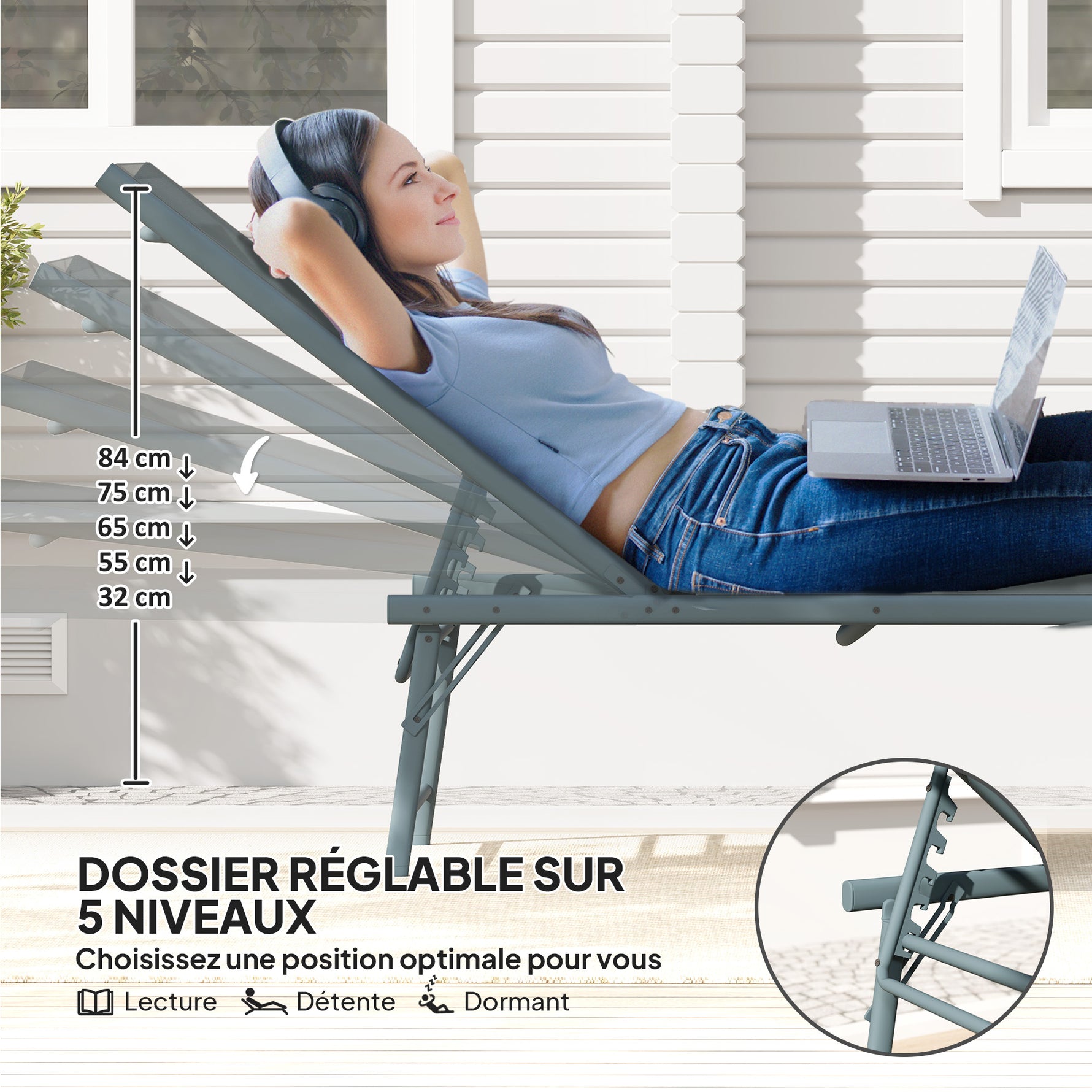 Lot de 2 bain de soleil chaise longue pliante textilène transat jardin extérieur inclinable 54 x 164 x 84 cm gris clair