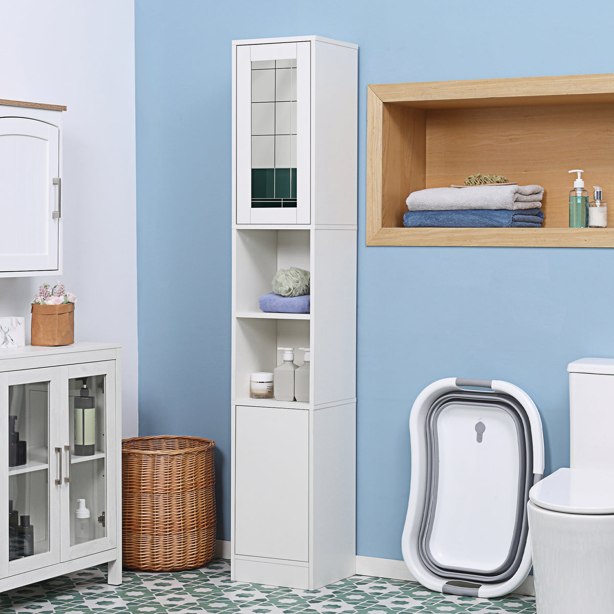 Armoire salle de bain haute, meuble de rangement colonne avec miroir, 2 portes, étagères réglables, 30x28x170cm, blanc