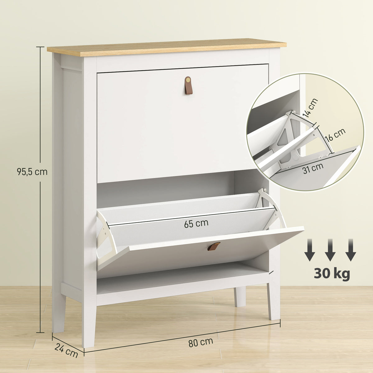 Meuble à chaussures 14 paires, armoire à chaussures avec 2 tiroirs rabattables, étagères amovibles et réglables, blanc