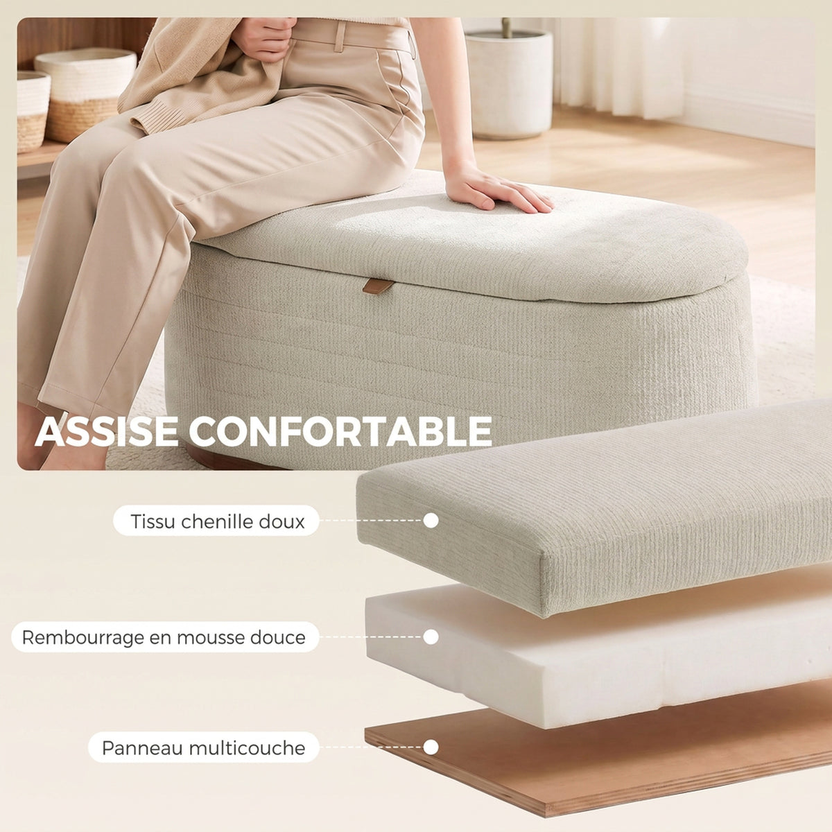 Moderne ovale opbergbank van chenillestof, voetenbank met opbergruimte, belastbaar tot 220 kg, 91 x 40,5 x 45 cm, beige