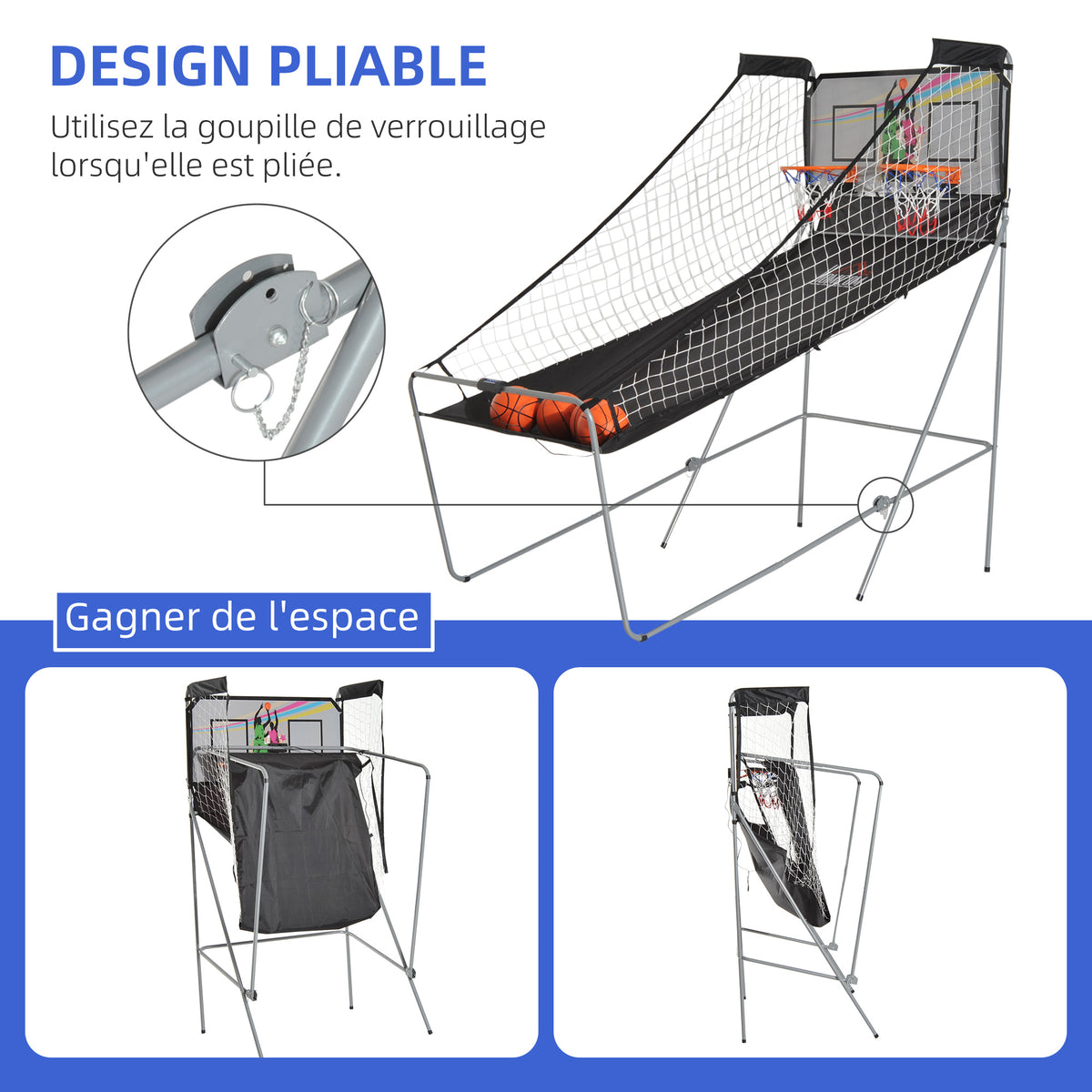 Jeu de basketball arcade pliable à 2 panier 4 balles pompe de gonflage, panier de basketball avec système de pointage, 4 bouton fonctionnement et 8 modes, 205x110x205cm, noir et blanc