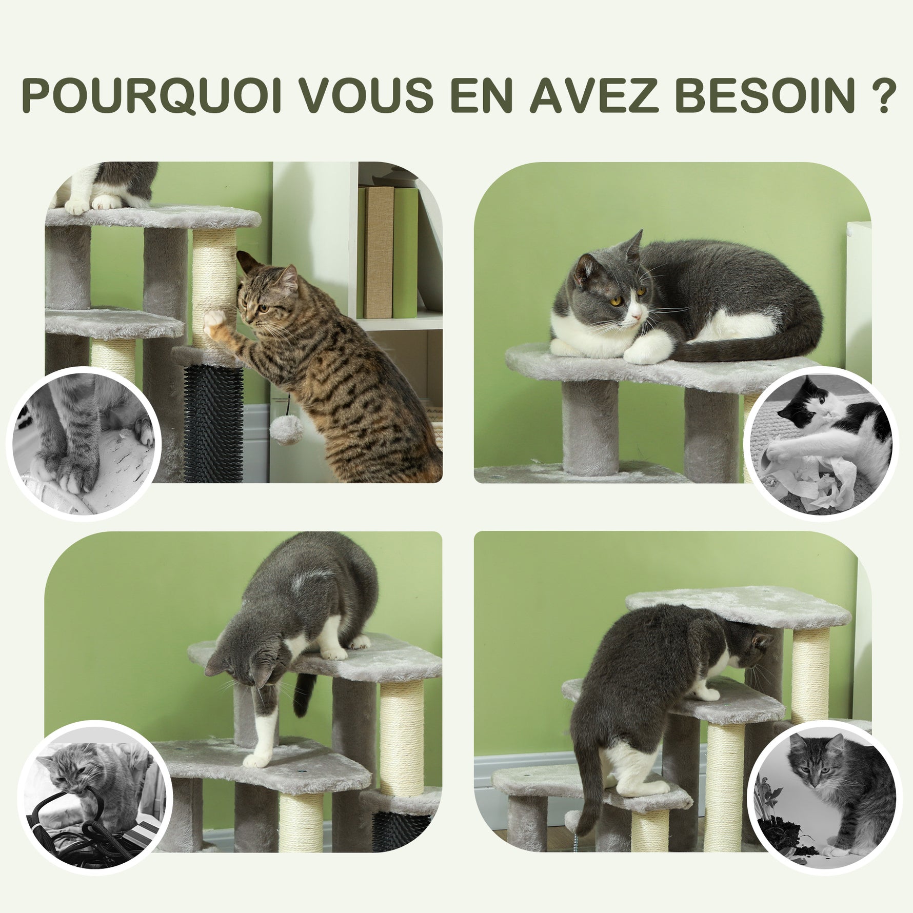 Arbre à chat tour à griffer hauteur de 50 cm avec plates-formes en peluche balles pour chat de moins de 5 kg gris clair