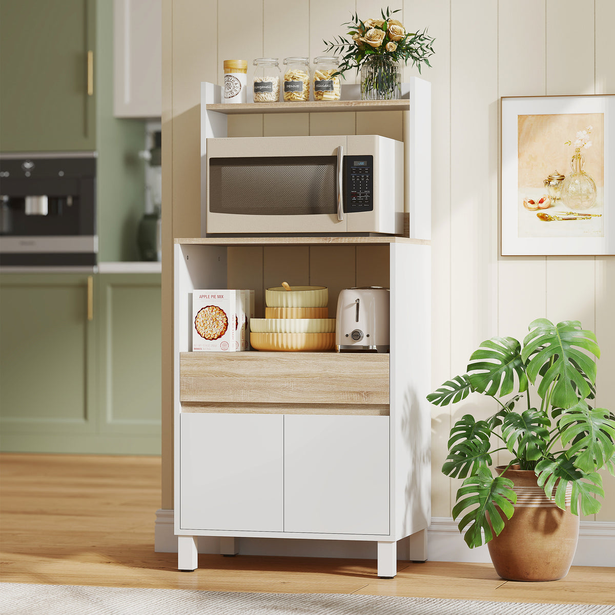 Meuble micro onde, buffet cuisine avec placard tiroir étagère supérieur, 60 x 40 x 131 cm chêne et blanc
