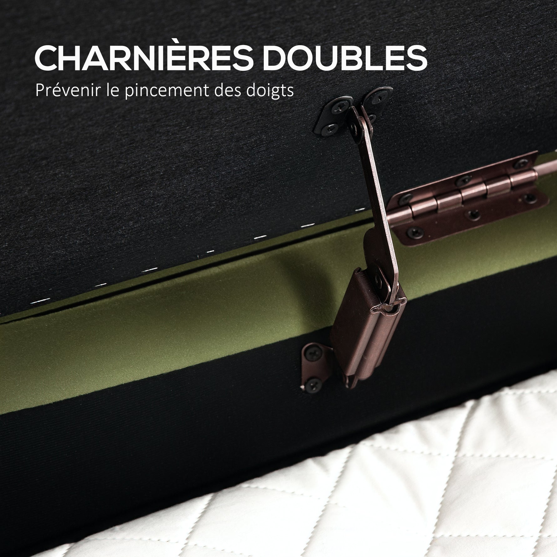 Banc de rangement, bout de lit en velours avec couvercle, pieds en métal, capacité 72 L, 108x44x43,5cm, vert foncé