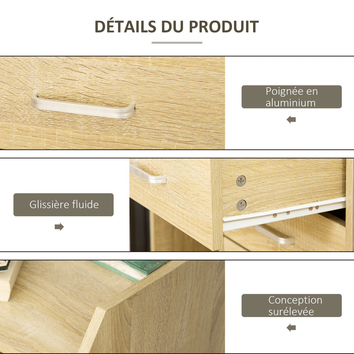 Caisson bureau rangement sur roulettes 4 tiroirs coulissants MDF et panneaux particules 40x36x65cm bois naturel