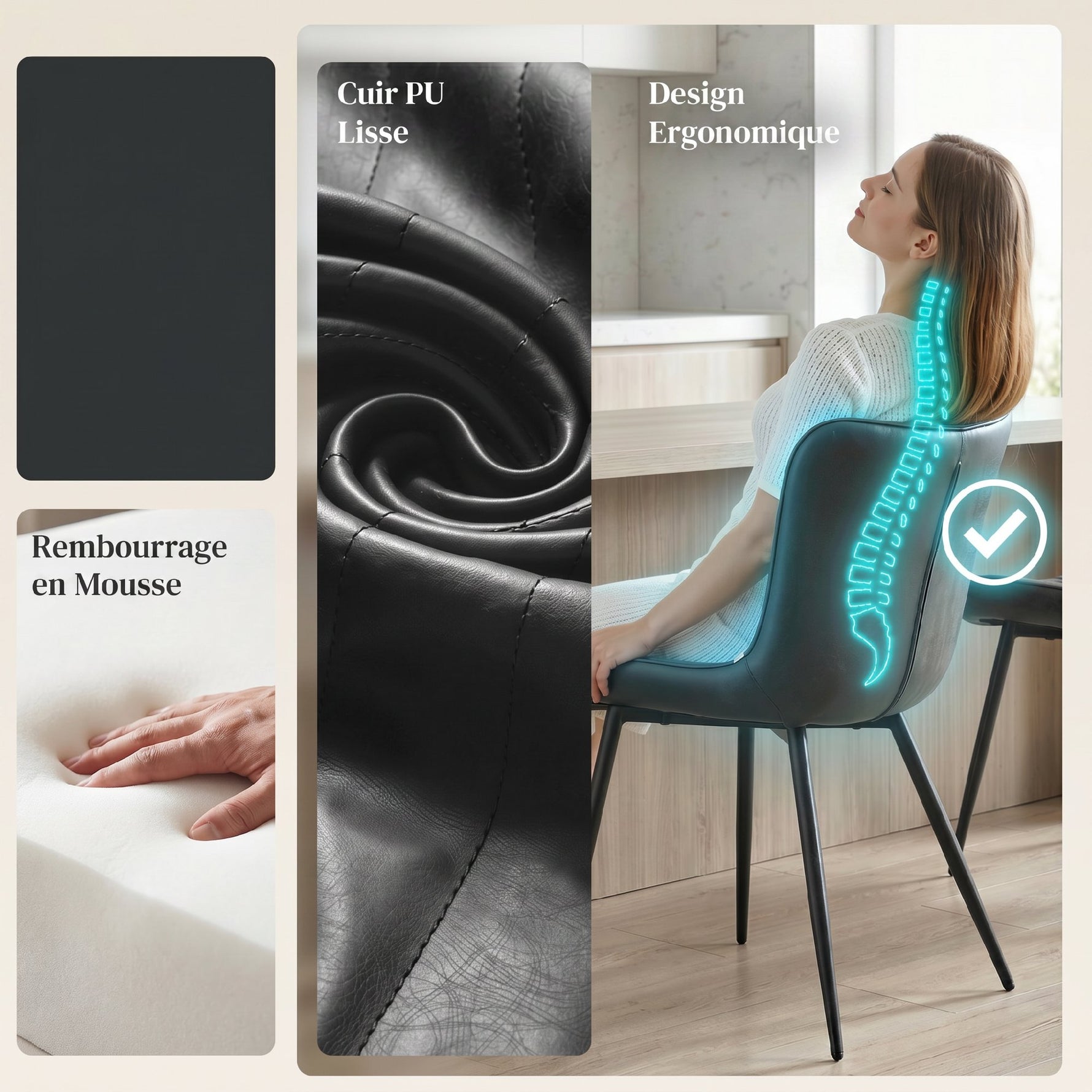 Lot de 2 chaises de salle à manger design moderne et capitonné pour salon, salle à manger, chambre à coucher, noir
