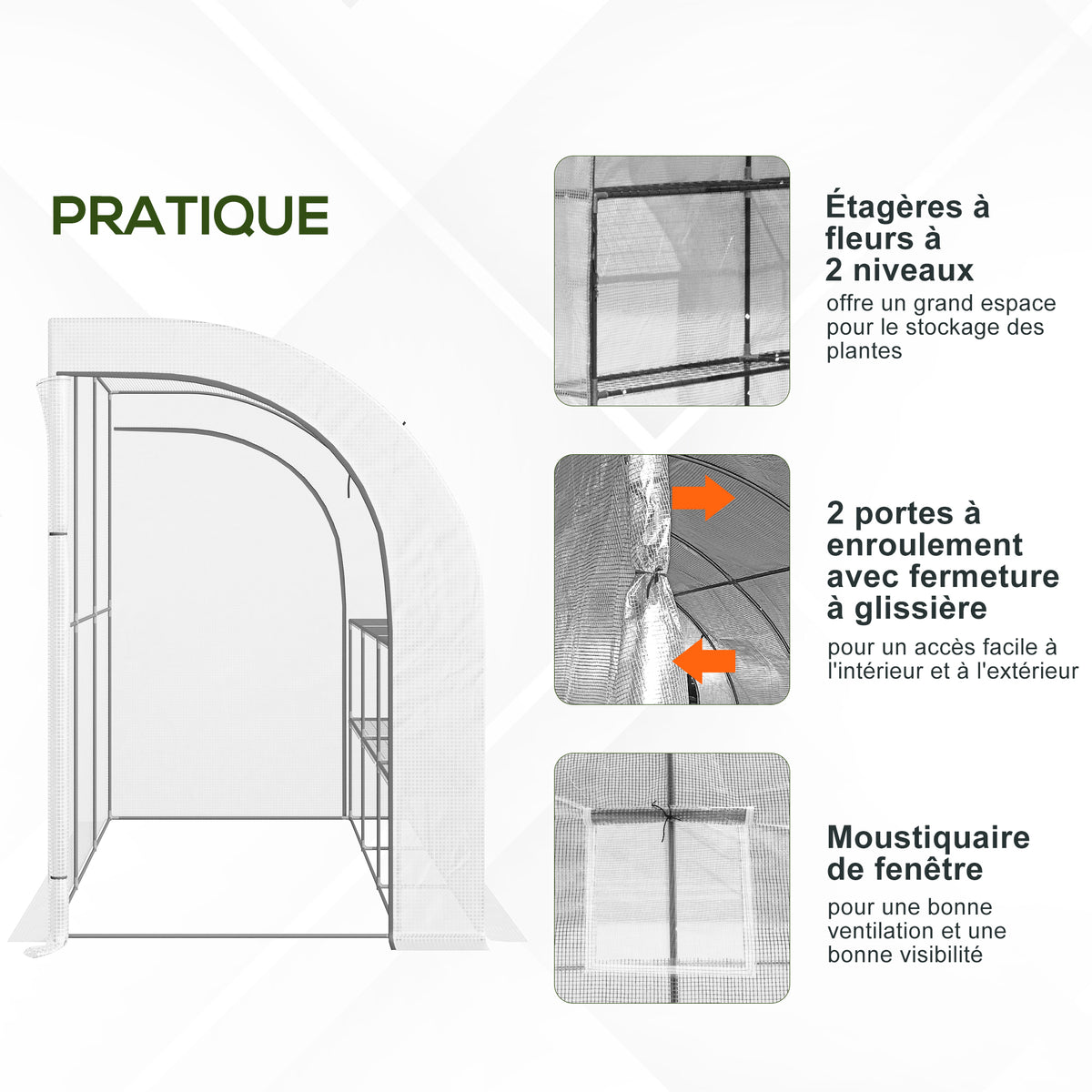 Serre de Jardin adossée avec Étagères 3 Niveaux, Petite Serre de Balcon en Bâche PE 140 g/㎡ 300 x 150 x 213 cm, blanc