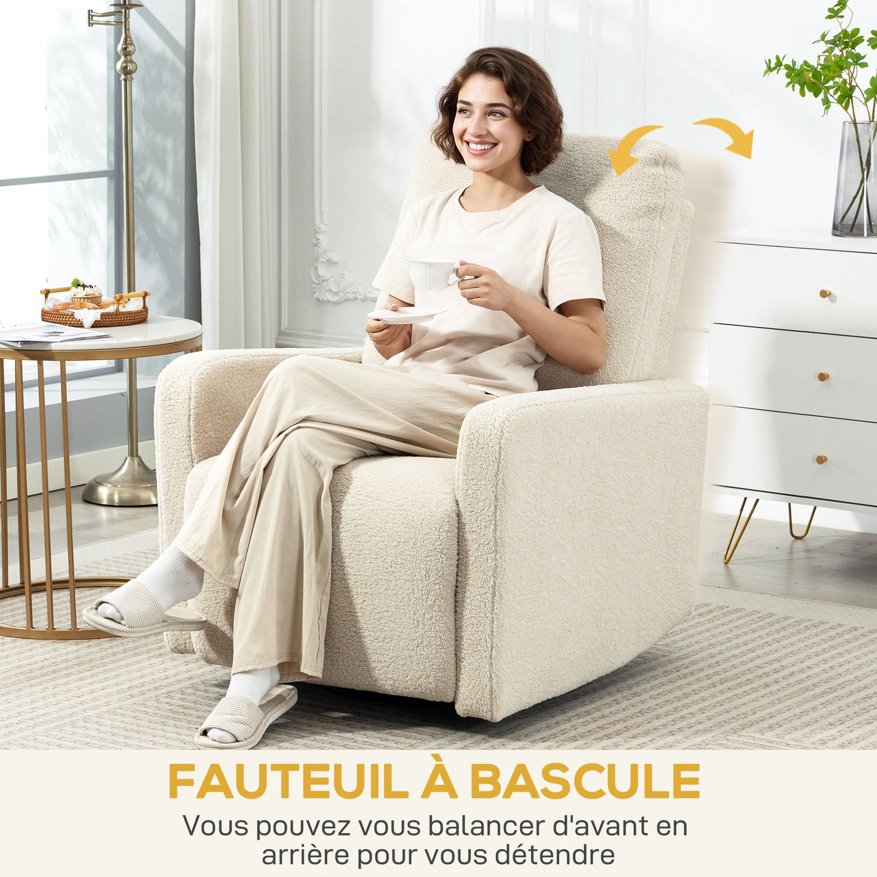 Fauteuil inclinable, fauteuil de relaxation avec repose-pieds, pivotant à 360° et basculant, 76 x 94 x 100 cm, beige