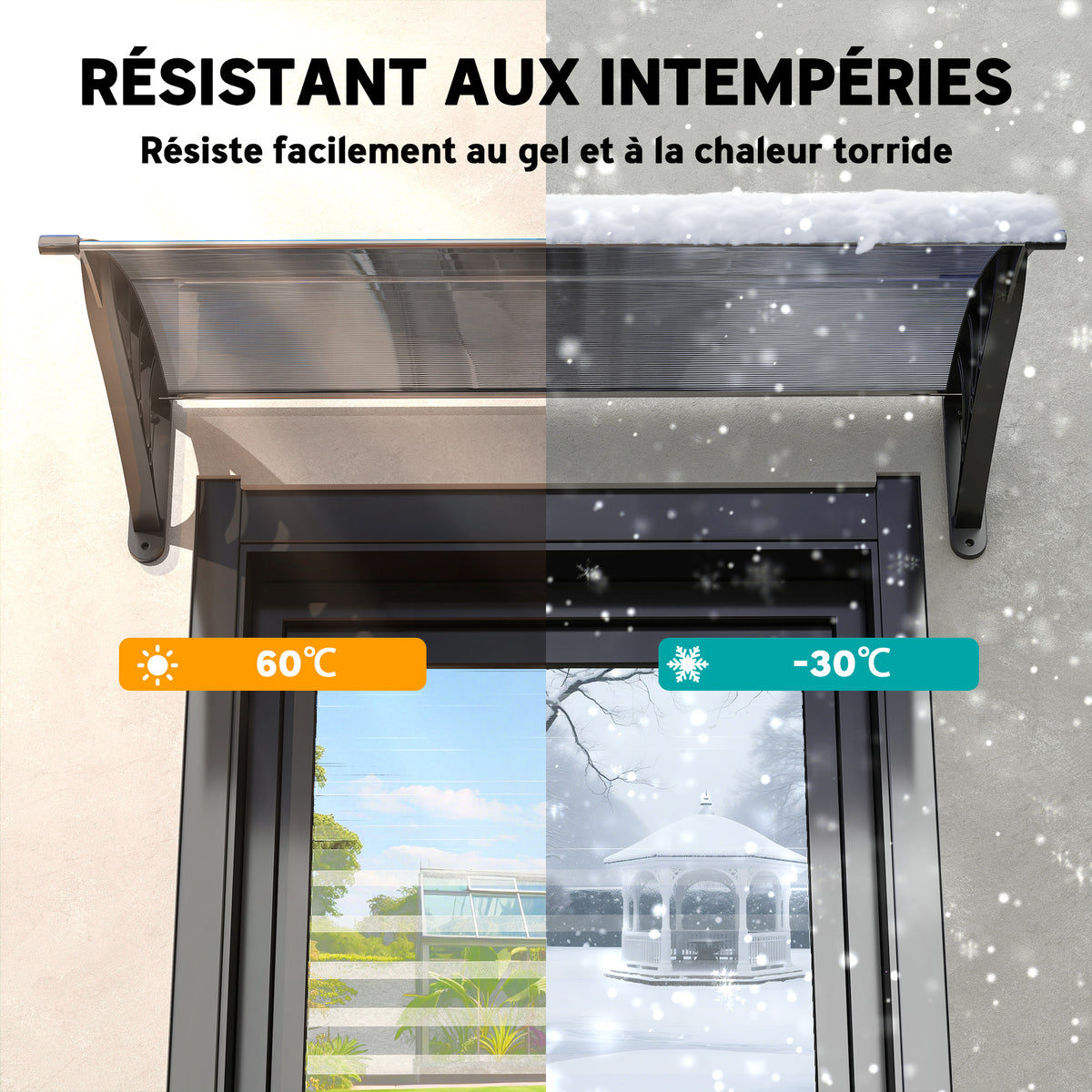 Auvent de porte d'entrée, toit marquise de porte exterieur en polycarbonate et aluminium résistante 100 x 75 cm noir