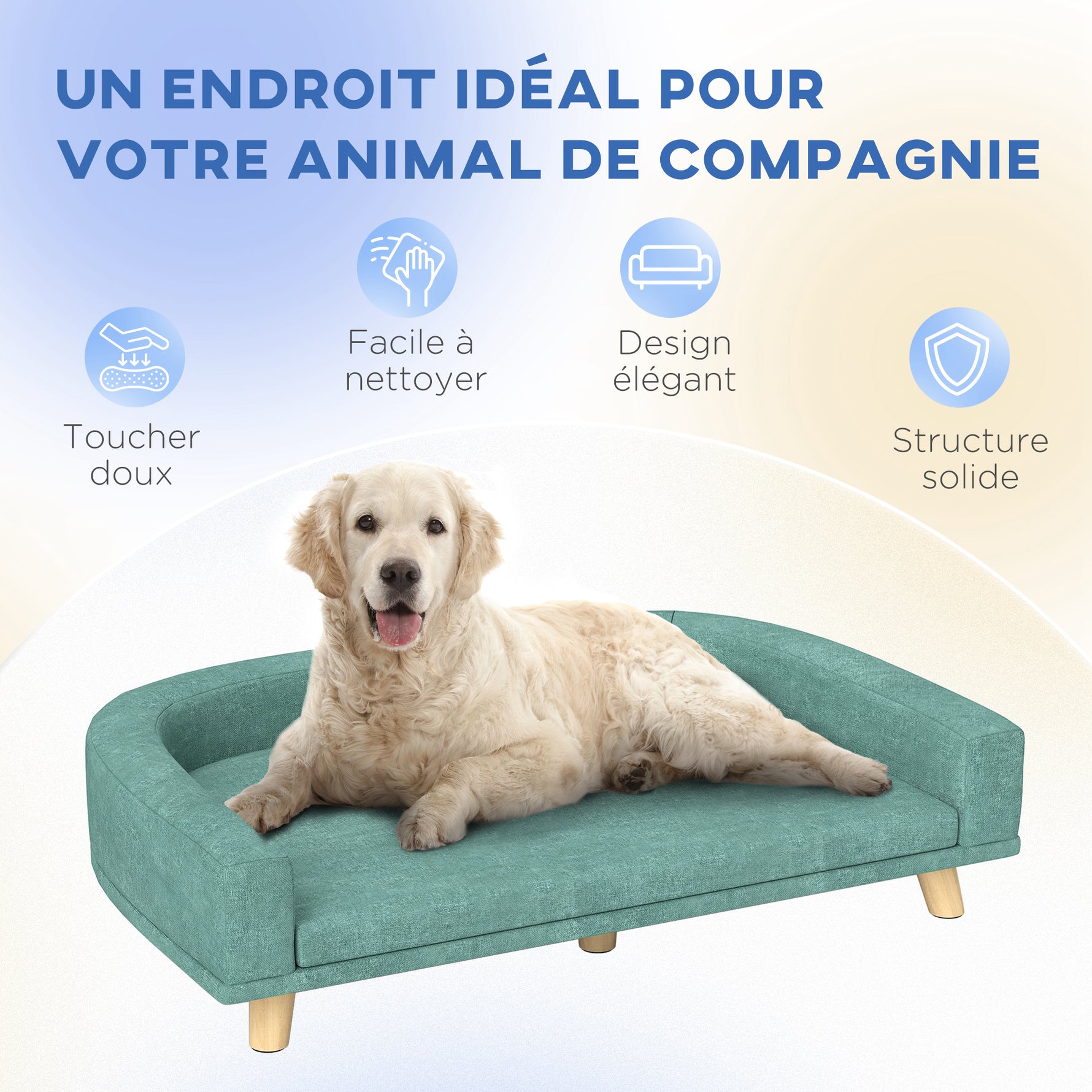 Canapé pour chien grand lit surélevé pour chien coussin lavable cadre en bois tissu polyester 98 x 67 x 25 cm vert clair