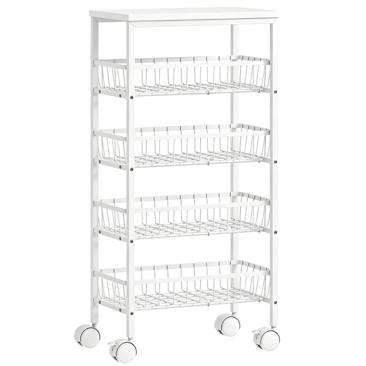 Carrello portaoggetti a 4 ripiani, carrello con ruote e cestelli rimovibili, struttura in metallo, bianco