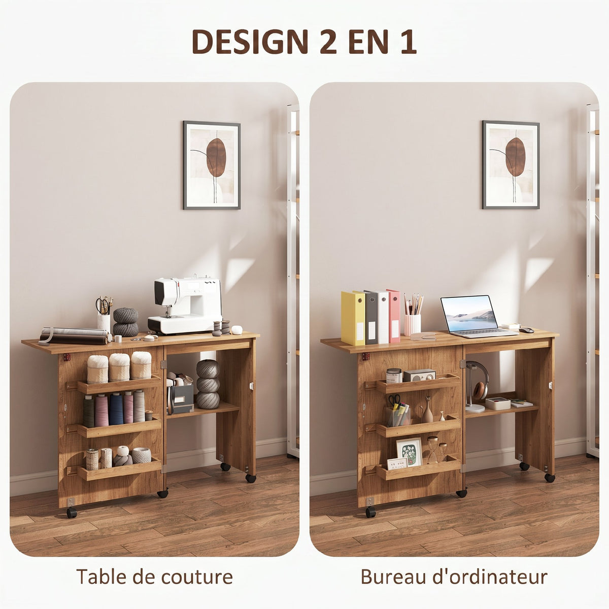 Mesa de costura plegable, mueble de costura abatible con cajones de almacenamiento, estante abierto y ruedas, marrón