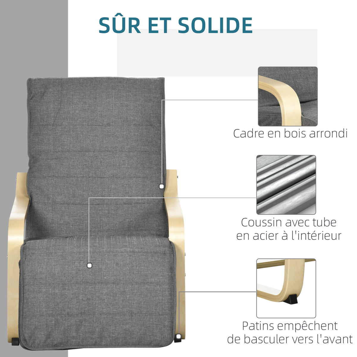 Fauteuil Luxe Confort et Relaxation avec Repose-Pied réglable déhoussable 94 x 66,5 x 100 cm cm Bois Massif Gris
