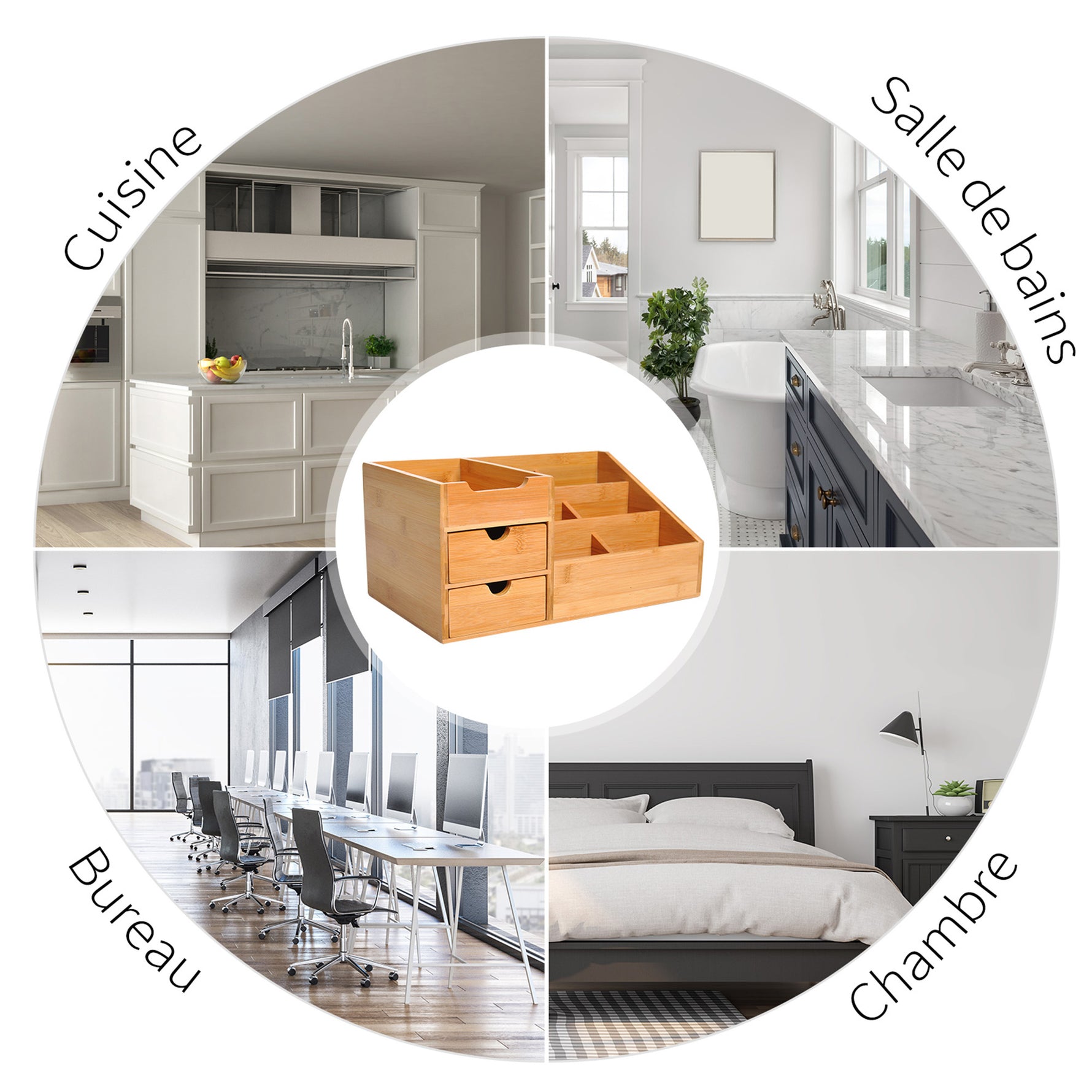 Lot de 2 boîtes de Rangement de Bureau - Organiseur de Bureau - 7 Compartiments, 2 tiroirs - Bambou Verni