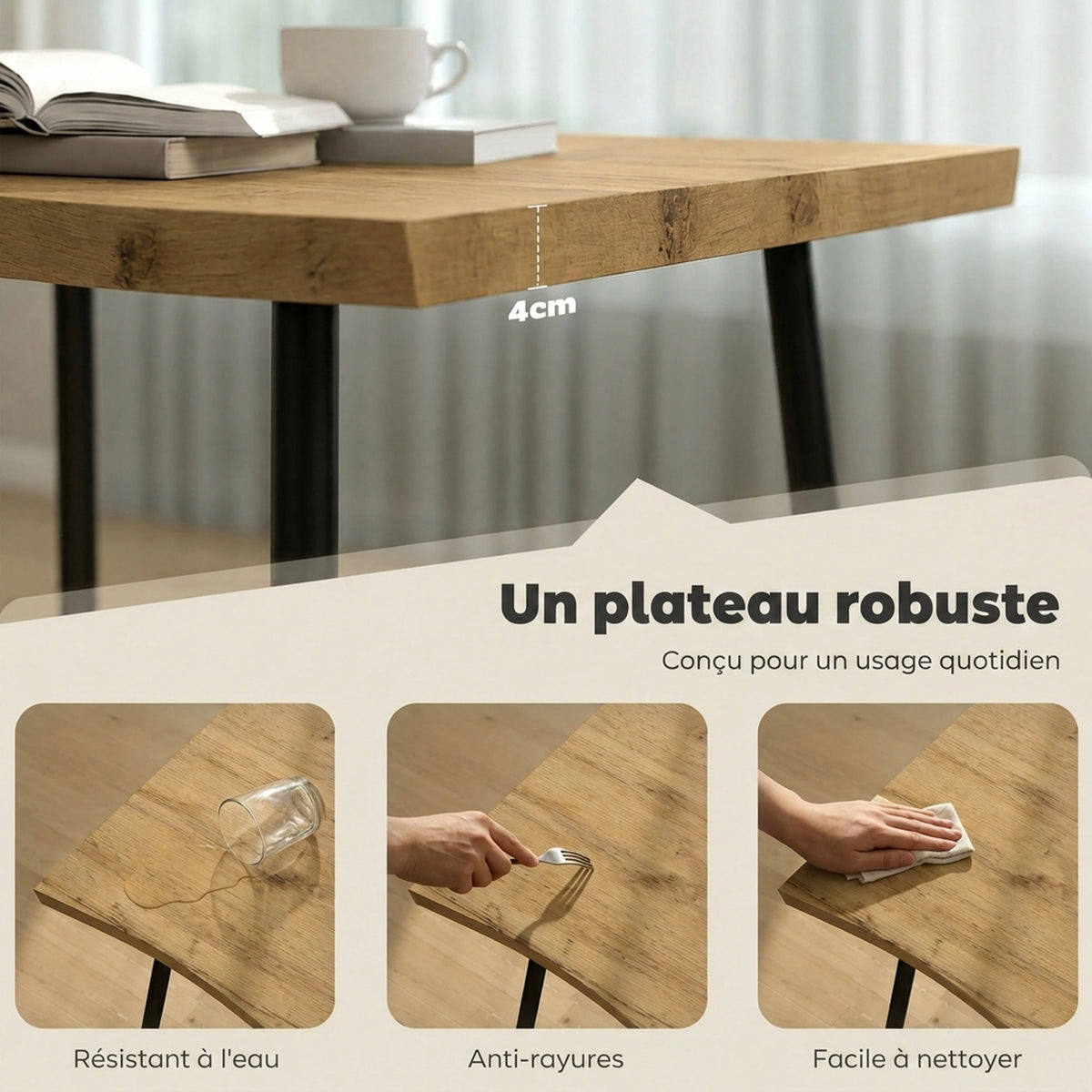 Tavolo da pranzo per 4 persone, 110 x 70 x 75 cm, tavolo da cucina rettangolare, piano spesso effetto legno, rovere