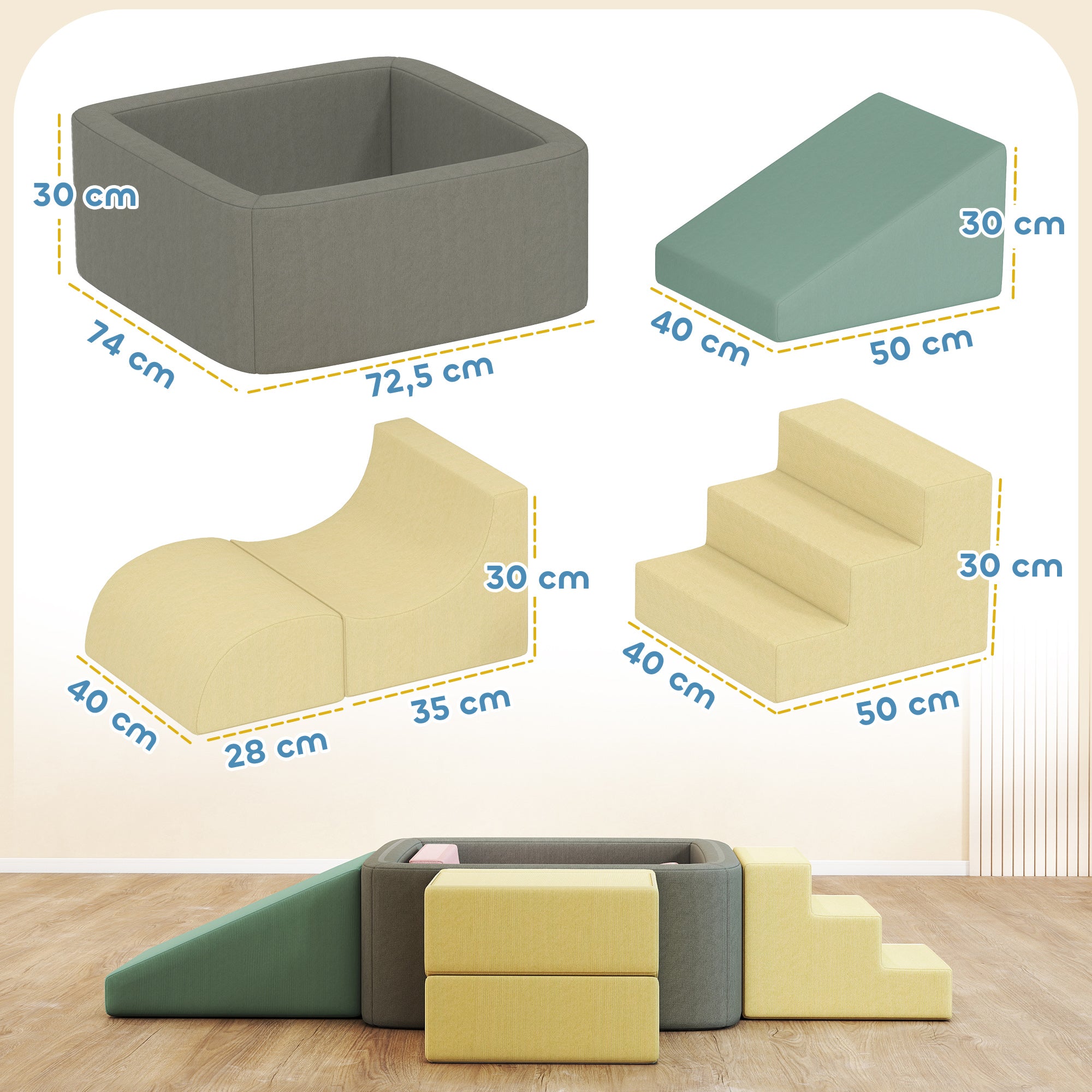 Parcours motricité bébé modulable en mousse 7 pièces housse lavable en velours côtelé 174 x 174 x 30 cm multicolore