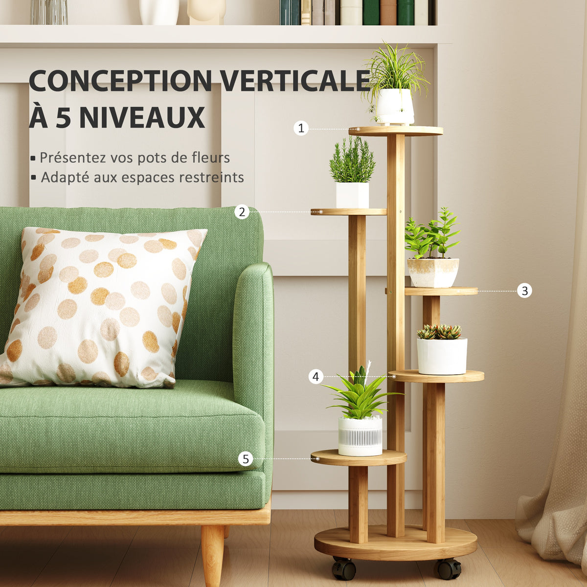 Étagère à plantes en bambou étagères rondes à fleurs support de pots de fleurs 5 niveaux bois naturel