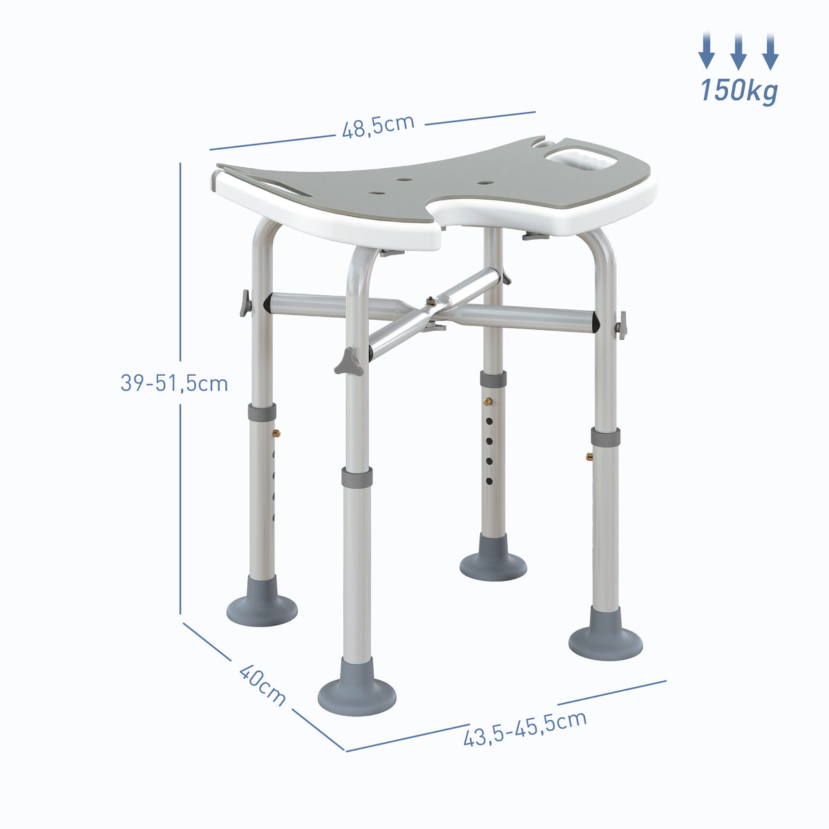 Tabouret de douche siège de douche hauteur ajustable 39-51,5 cm barre d'appui à ventouse patins à ventouse gris