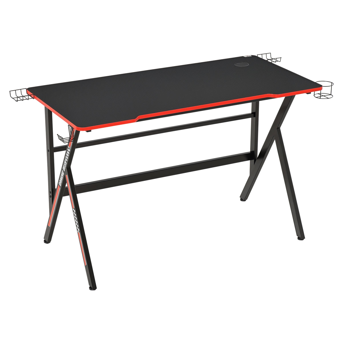 Bureau gaming racing bureau gamer bureau informatique bracket supports casque enceintes porte-gobelet métal plateau MDF texture carbone rouge noir
