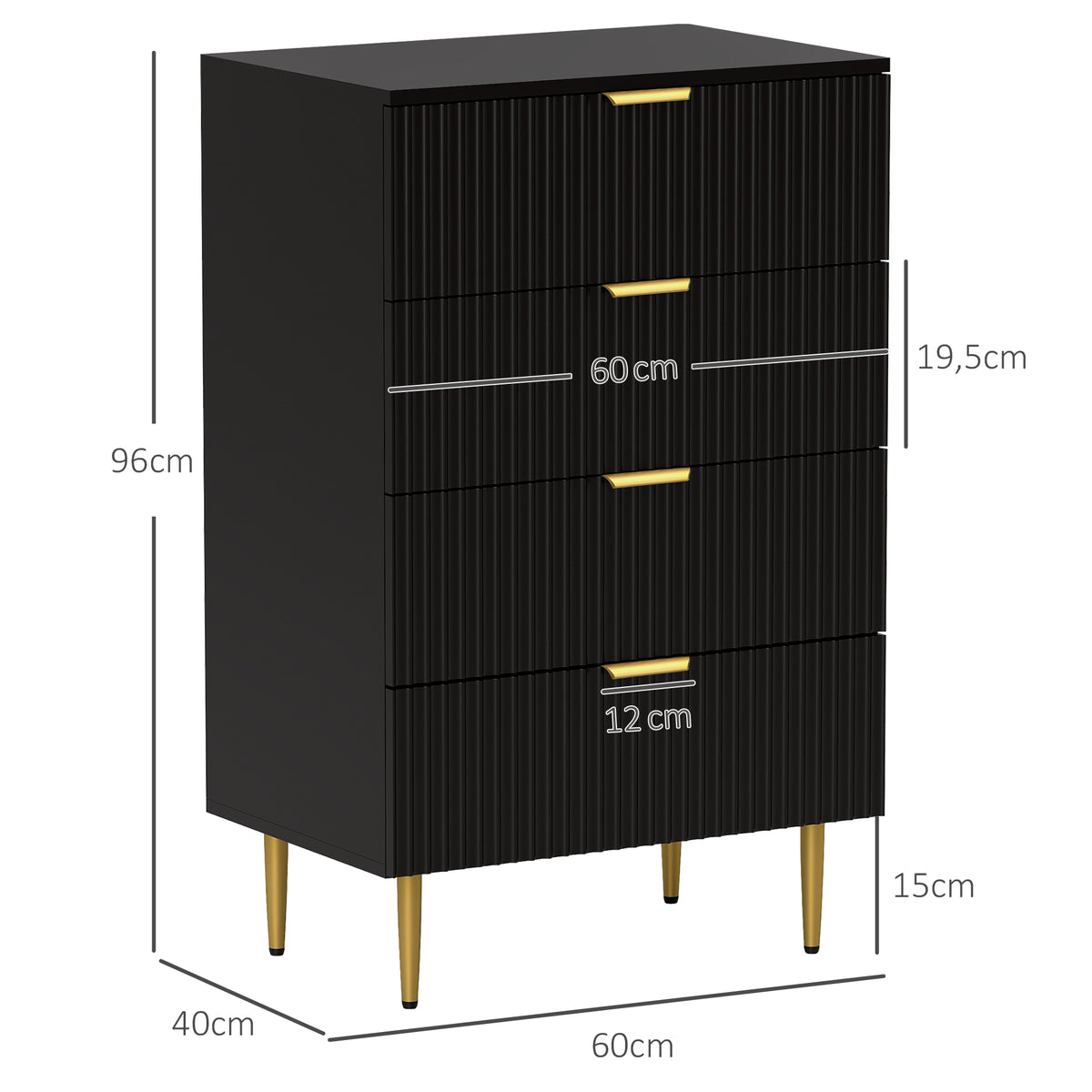 Commode 4 tiroirs commode chambre meuble de rangement moderne avec poignées et pieds dorés, dim. 60 x 40 x 96 cm, noir