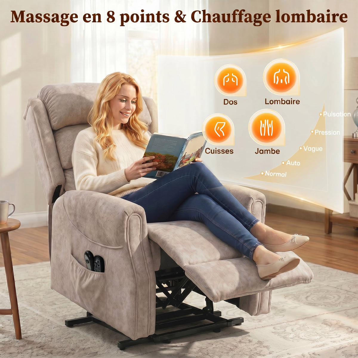 Fauteuil releveur électrique massage par vibrations et chaleur, fauteuil relax électrique en velours, 80x160x82cm, beige