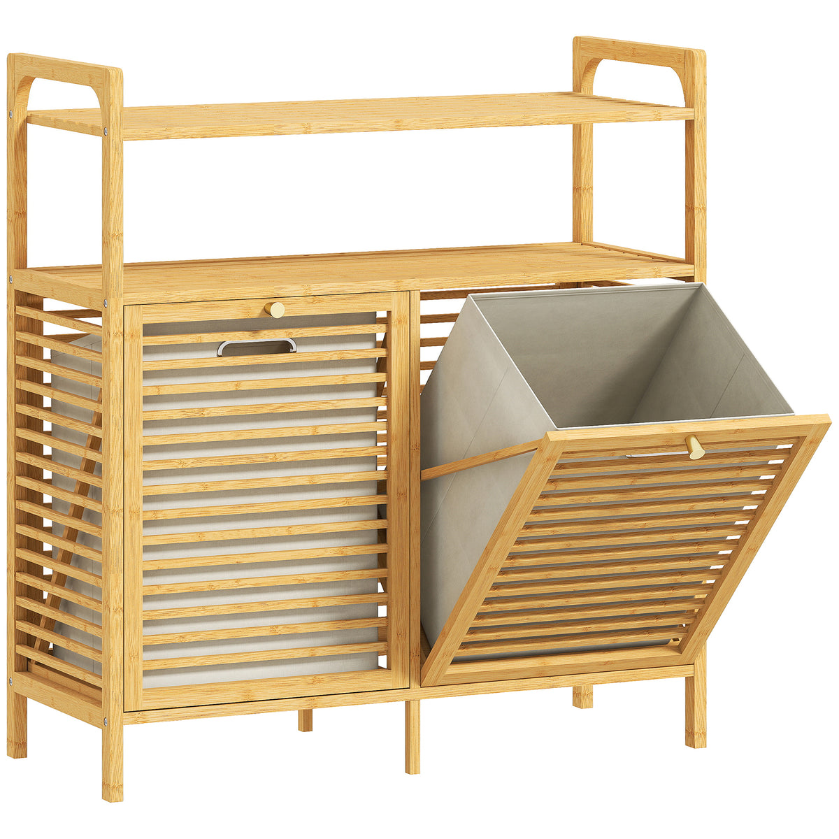 Meuble salle de bain en bambou, armoire salle de bain avec 2 paniers à linge et 2 étagères, 82x33x88cm, bois naturel