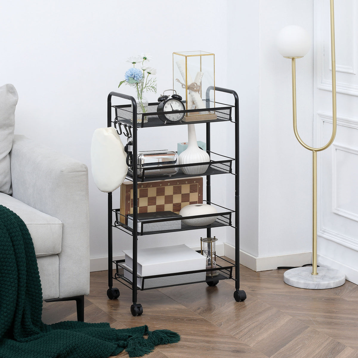 Carrello portaoggetti a 4 ripiani, carrello con ruote con cestelli rimovibili e 4 ganci, telaio in acciaio, carrello da cucina, bagno, soggiorno, spazio stretto, 45 x 26,5 x 84 cm, nero