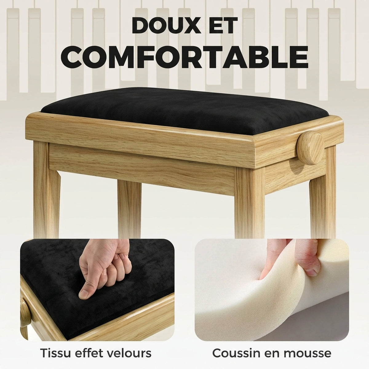 Banc de Piano, Tabouret Piano Réglable en Hauteur 45-56 cm, Banc de Clavier, Siège Rembourré en Velours, Bois Naturel