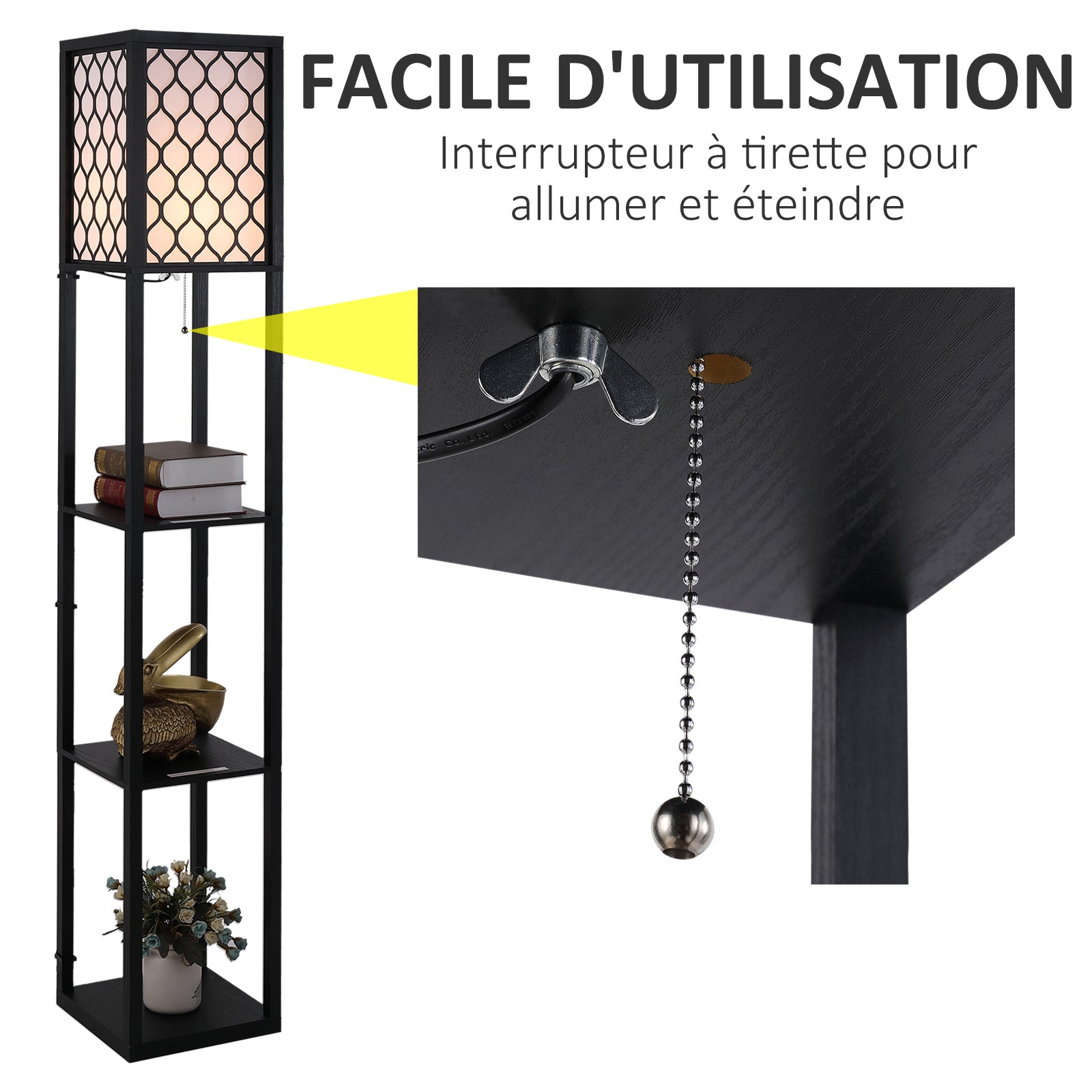 Lampadaire étagère Lampe étagère 26L x 26l x 160H cm 4 Niveaux MDF Noir Motif nid d'abeille