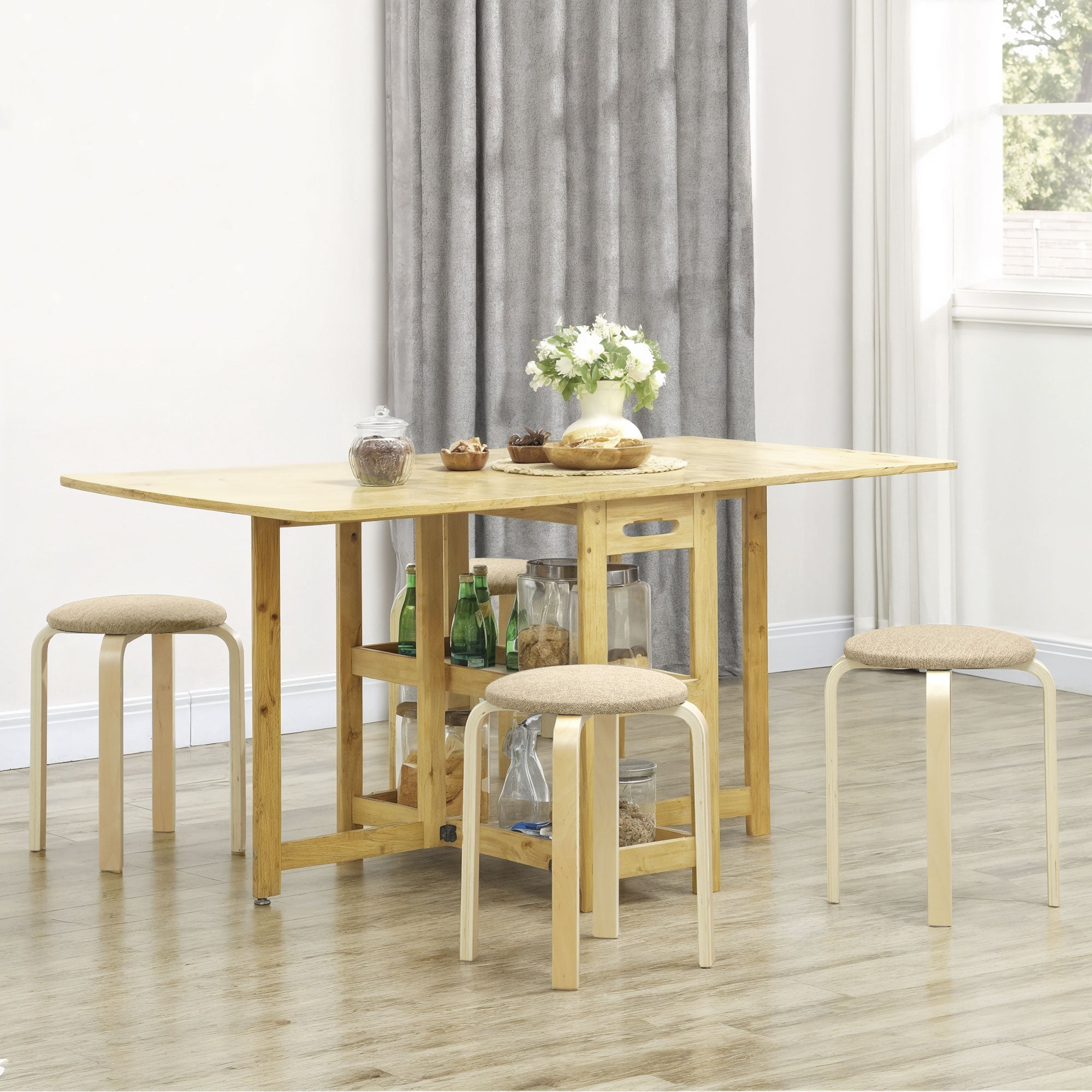 Set van 4 moderne stapelbare krukken, ronde krukken zonder rugleuning met gevoerde zitting, 40 x 40 x 45 cm, kaki