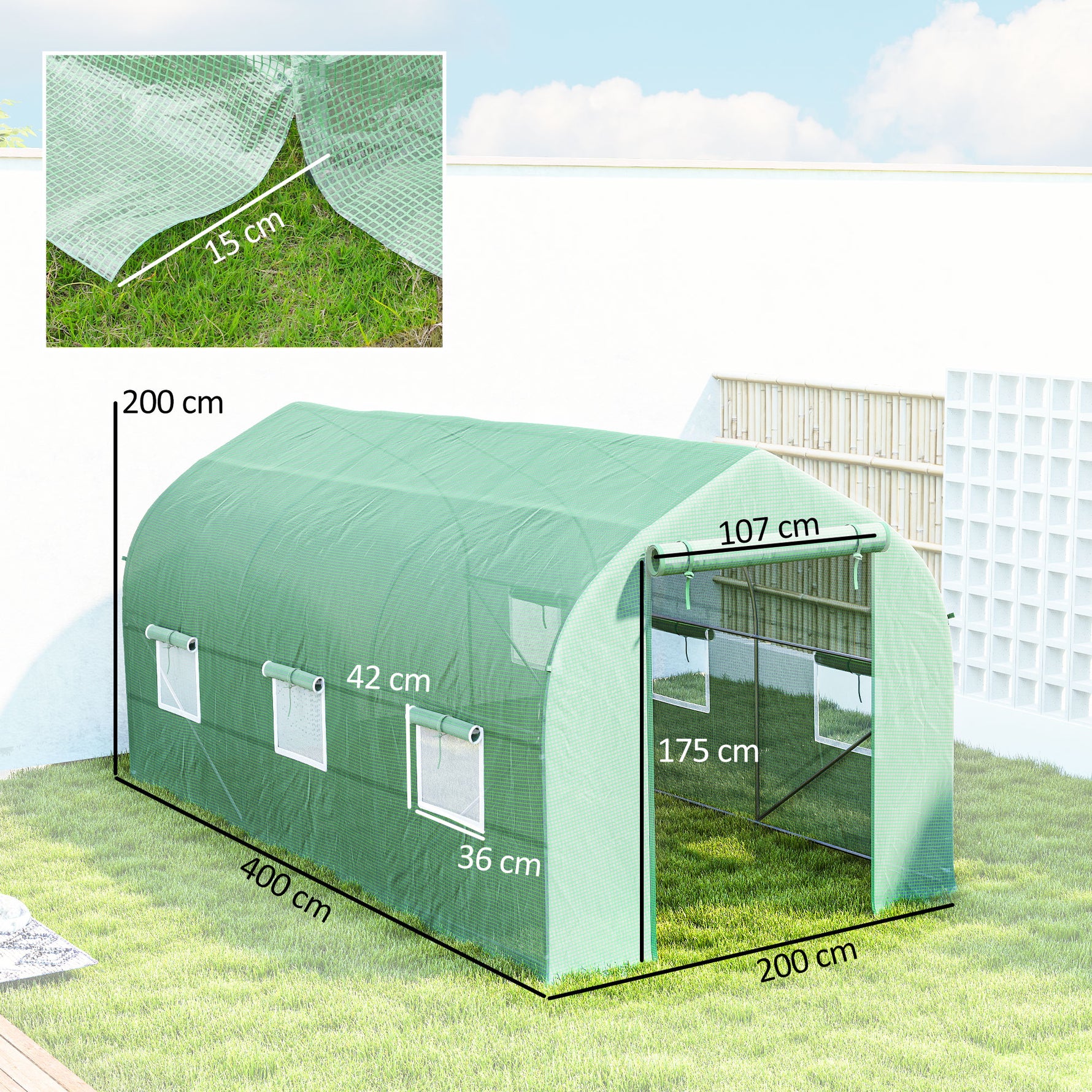 Serre tunnel de jardin 8m², serre de jardin tunnel avec 1 porte et 6 fenêtres, bâche PE 140g/m² 400x200x200cm vert