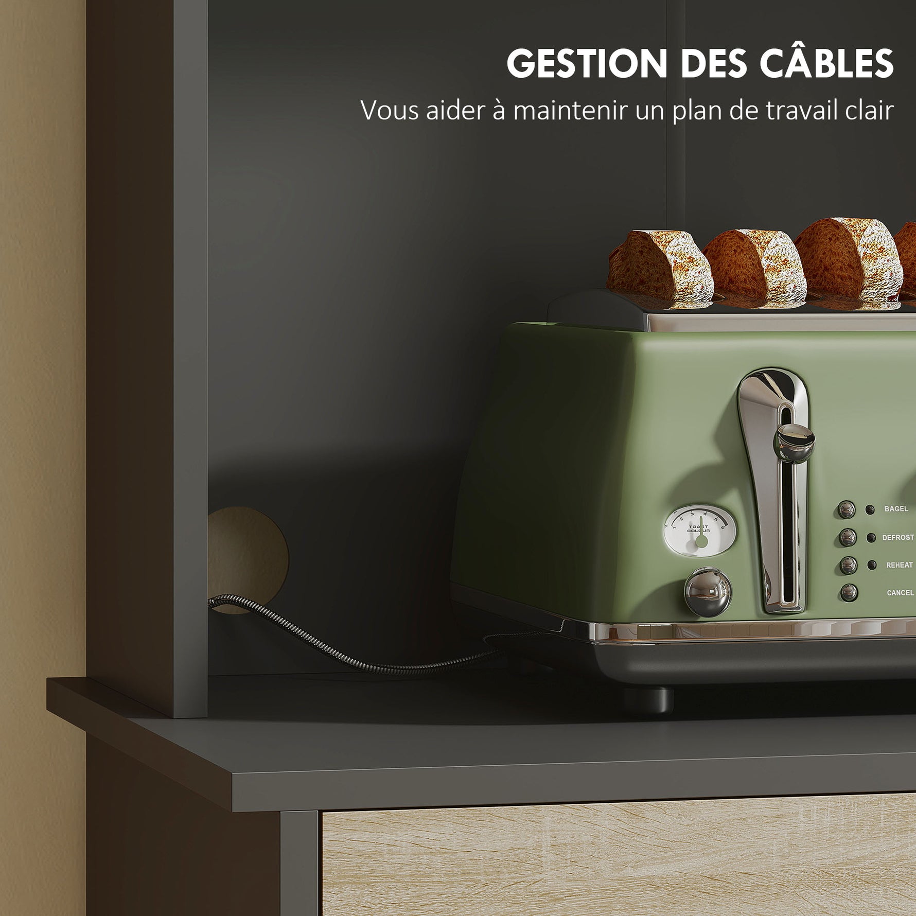 Buffet haut cuisine, armoire de cuisine, tiroir, 3 portes, étagères ouvertes, plan de travail, 60x40x180cm, bois naturel