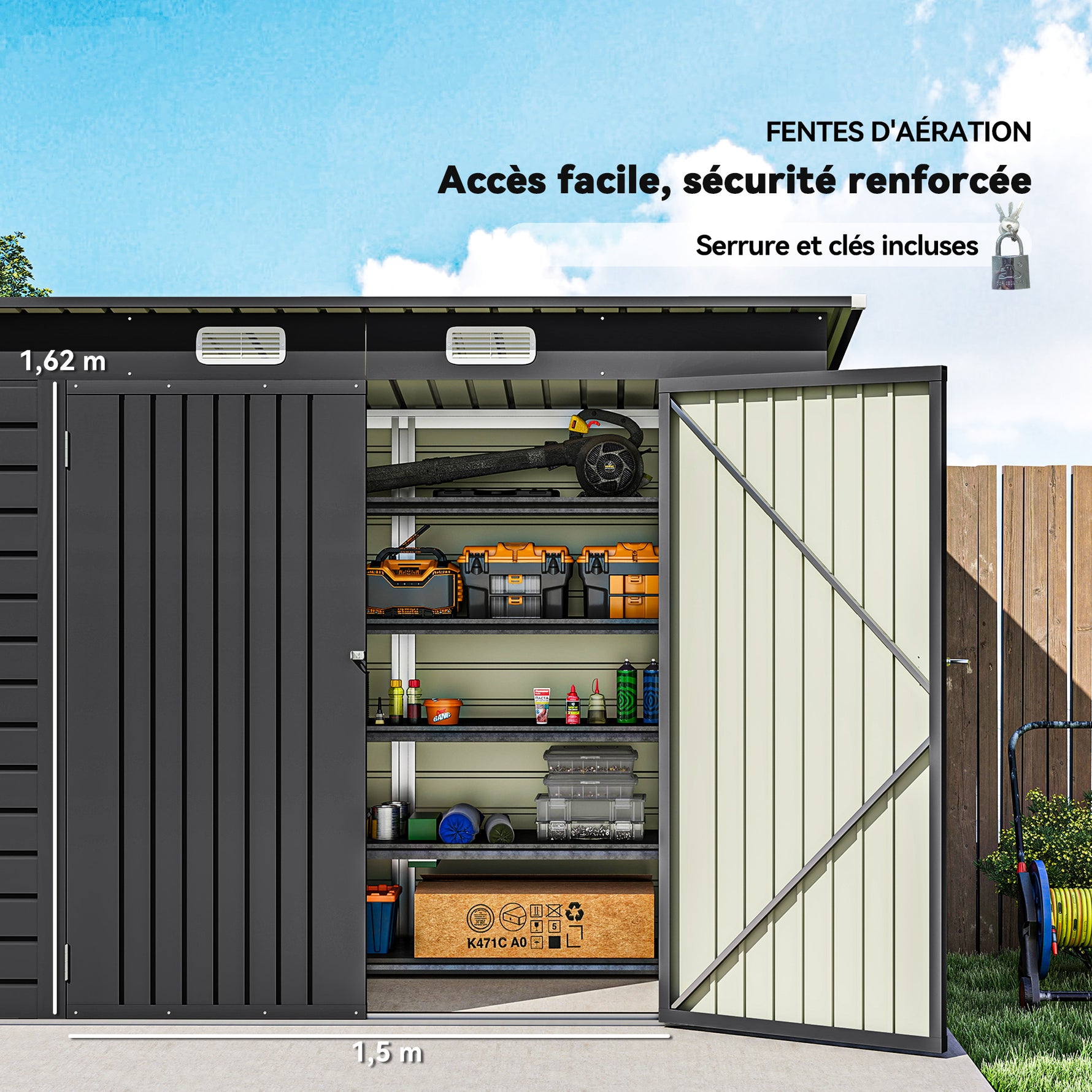 Abri de Jardin 2,7 m², Dim. 249 x 121 x 183 cm gants inclus portes doubles verrouillables ventilations tôle acier gris