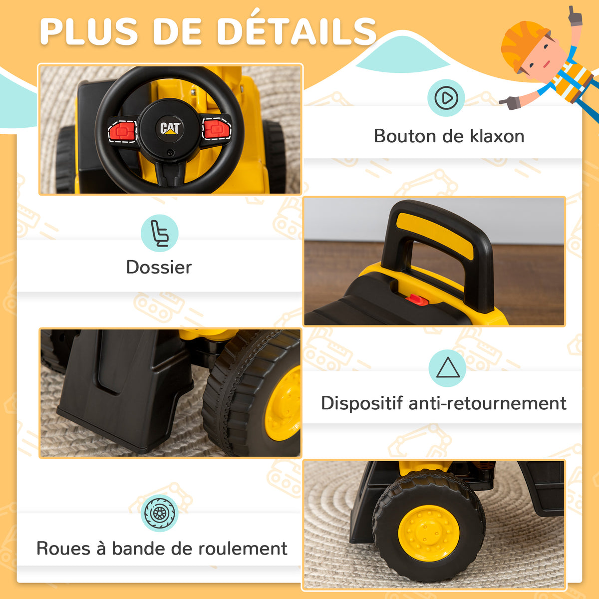 Tractopelle enfant sous licence CAT, porteur enfant, pelle manuelle, klaxon et rangement caché, 85x27,5x47,5cm, jaune