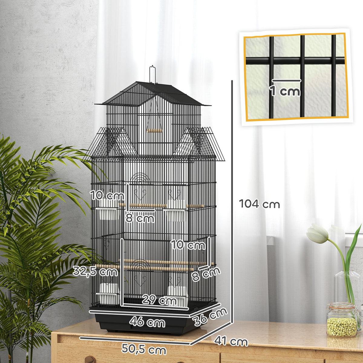 Cage à oiseaux volière avec balançoire poignée portable 4 mangeoires 3 perchoirs 50,5 x 41 x 104 cm en acier noir